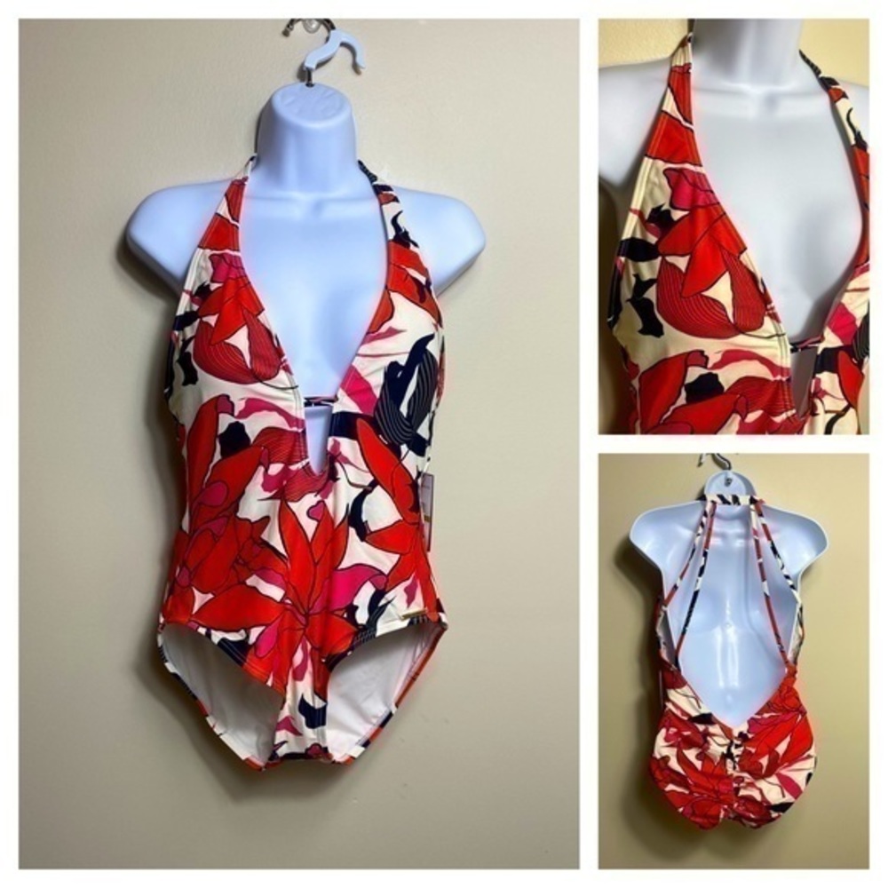 Vince Camuto Red Orange Floral Halter One-Piece Swimsuit